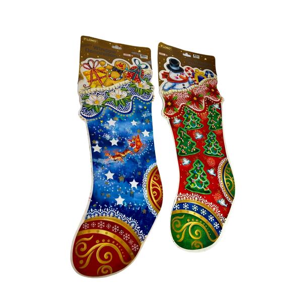 Vintage Flomo Glitter Window Decoration Cling Christmas Stockings SET OF 2 - Picture 7 of 8